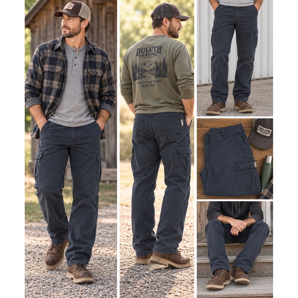 Duluth Trading Co Mens 34x32 Cargo Work Pants Navy Utility Carpenter Distressed